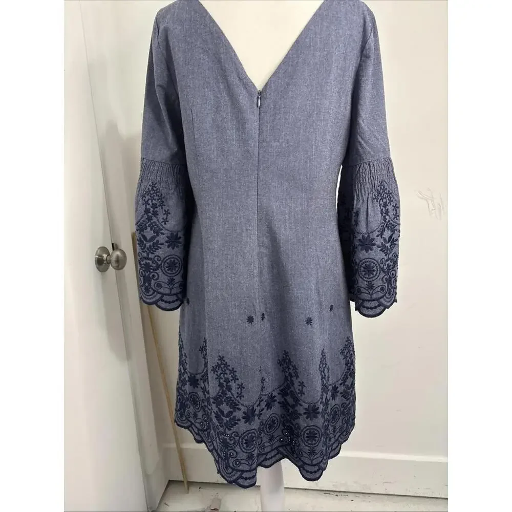 Eliza J Blue Chambray Embroidered 6 Bell Sleeve Boat Neck Mini‎ Dress NWOT